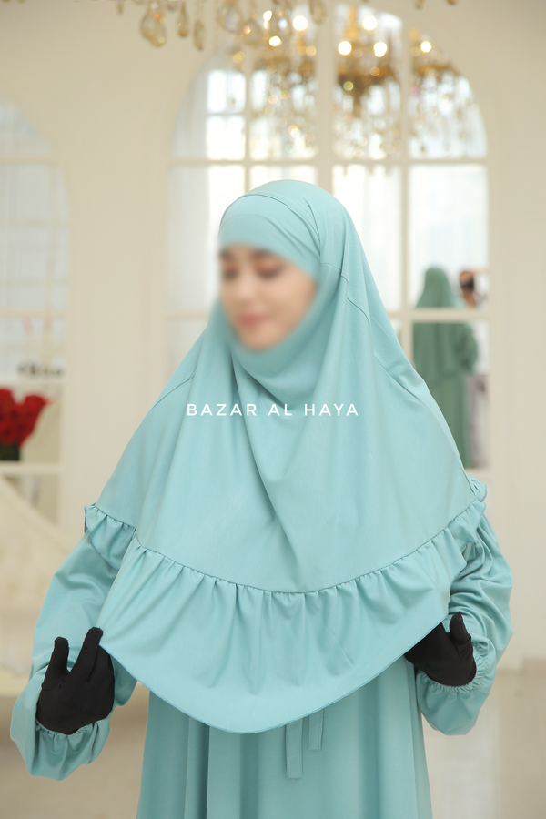 Mint Tieback Ruffle Short Khimar - Soft Cotton