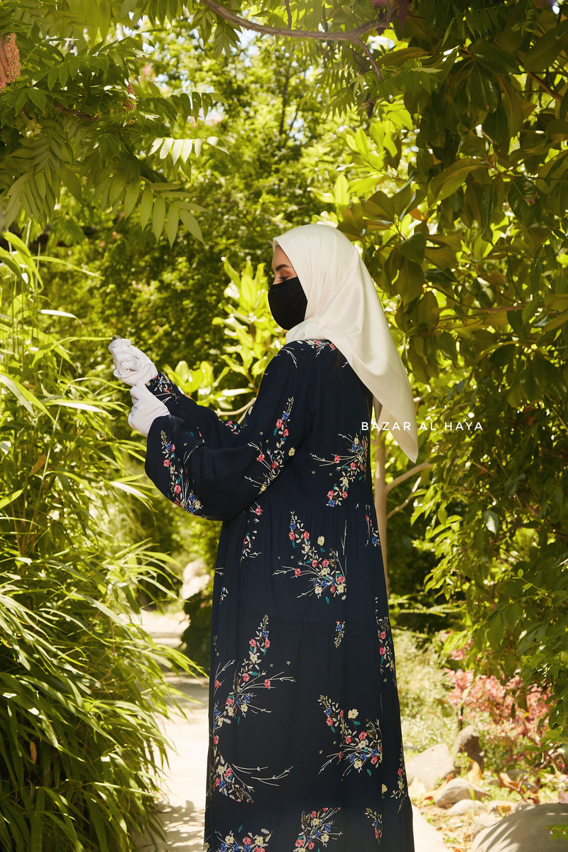 Sadia Dark Midnight Floral Dress In 100% Cotton Summer Tiered Style Abaya - Front Zipper