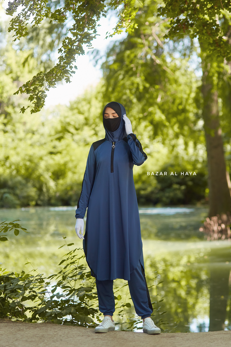 Shuruq Spruce Blue Modest Swimwear Three Piece Set With Swimdress, Khimar, & Pants - Enjoy The Comfort