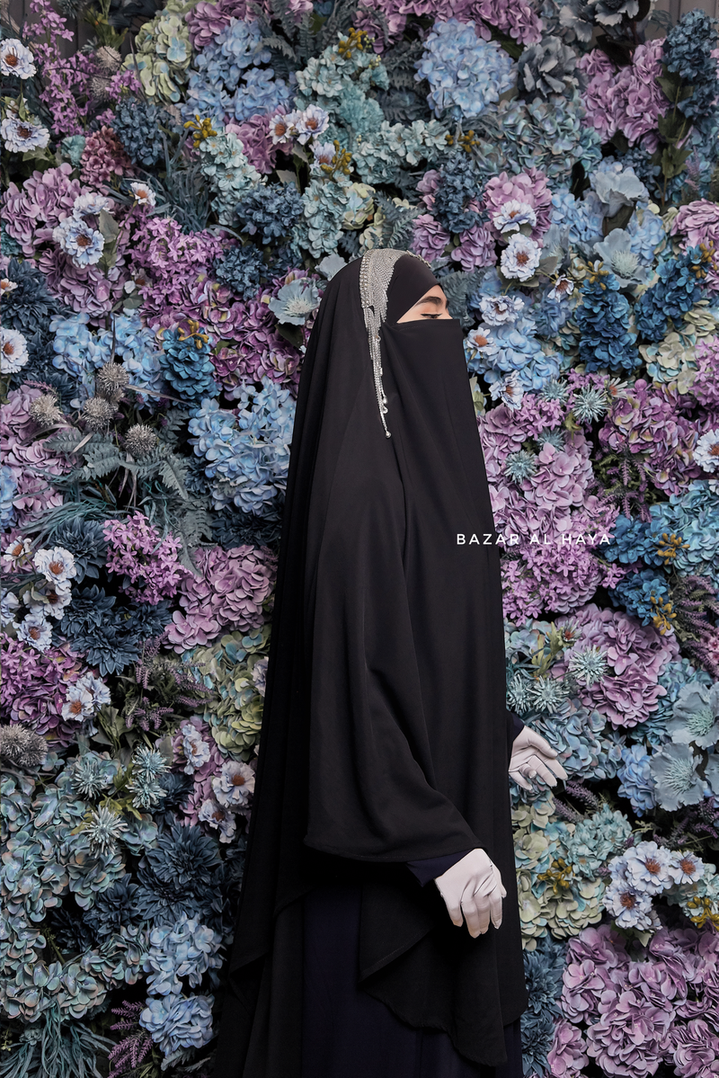 Munawwar Black Extra Long Triangle Diamond Khimar - Soft Nida