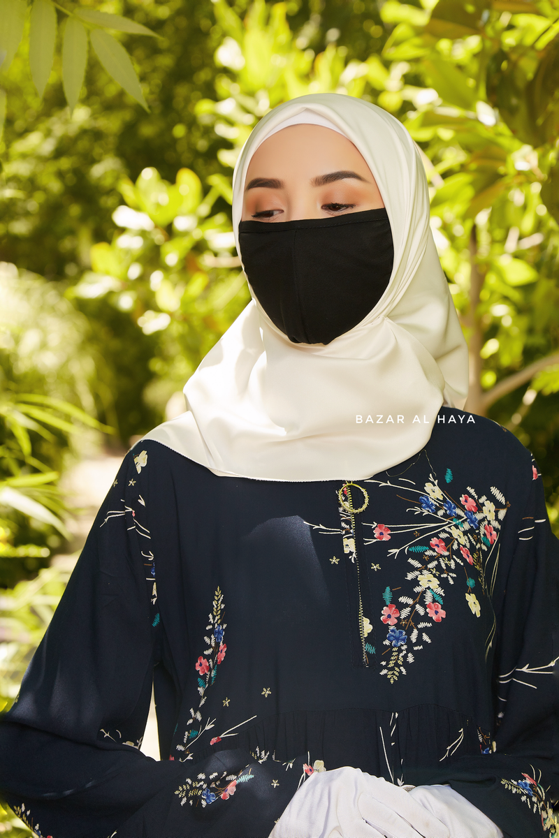 Sadia Dark Midnight Floral Dress In 100% Cotton Summer Tiered Style Abaya - Front Zipper