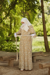 Surayya Almond Chiffon Abaya Dress With Floral Print - Ruffled Design