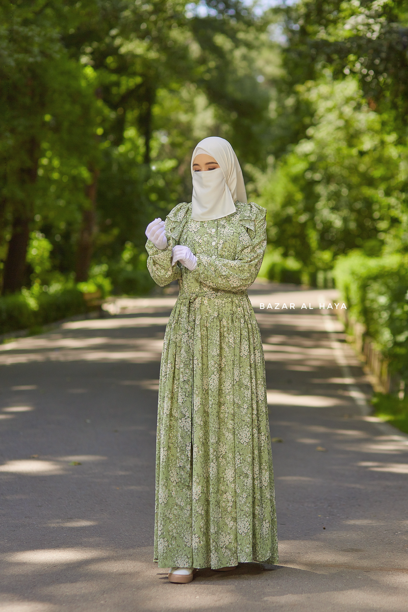 Surayya Kiwi Chiffon Abaya Dress With Floral Print Ruffled Design