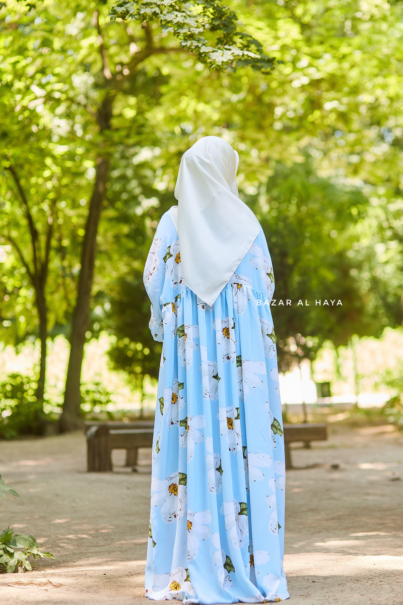 Baby Blue Muna Loose Fit Summer Abaya Dress - Viscose Cotton & Daisy Flower Print