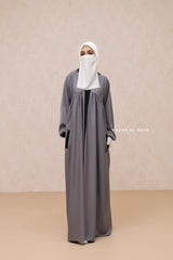 Kalina Grey Hooded Silk Crepe Abaya Dress With Pockets - Mediumweight