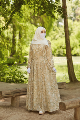 Surayya Almond Chiffon Abaya Dress With Floral Print - Ruffled Design