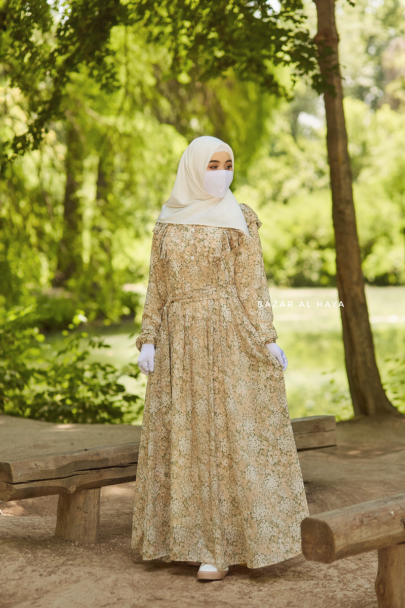 Surayya Almond Chiffon Abaya Dress With Floral Print - Ruffled Design