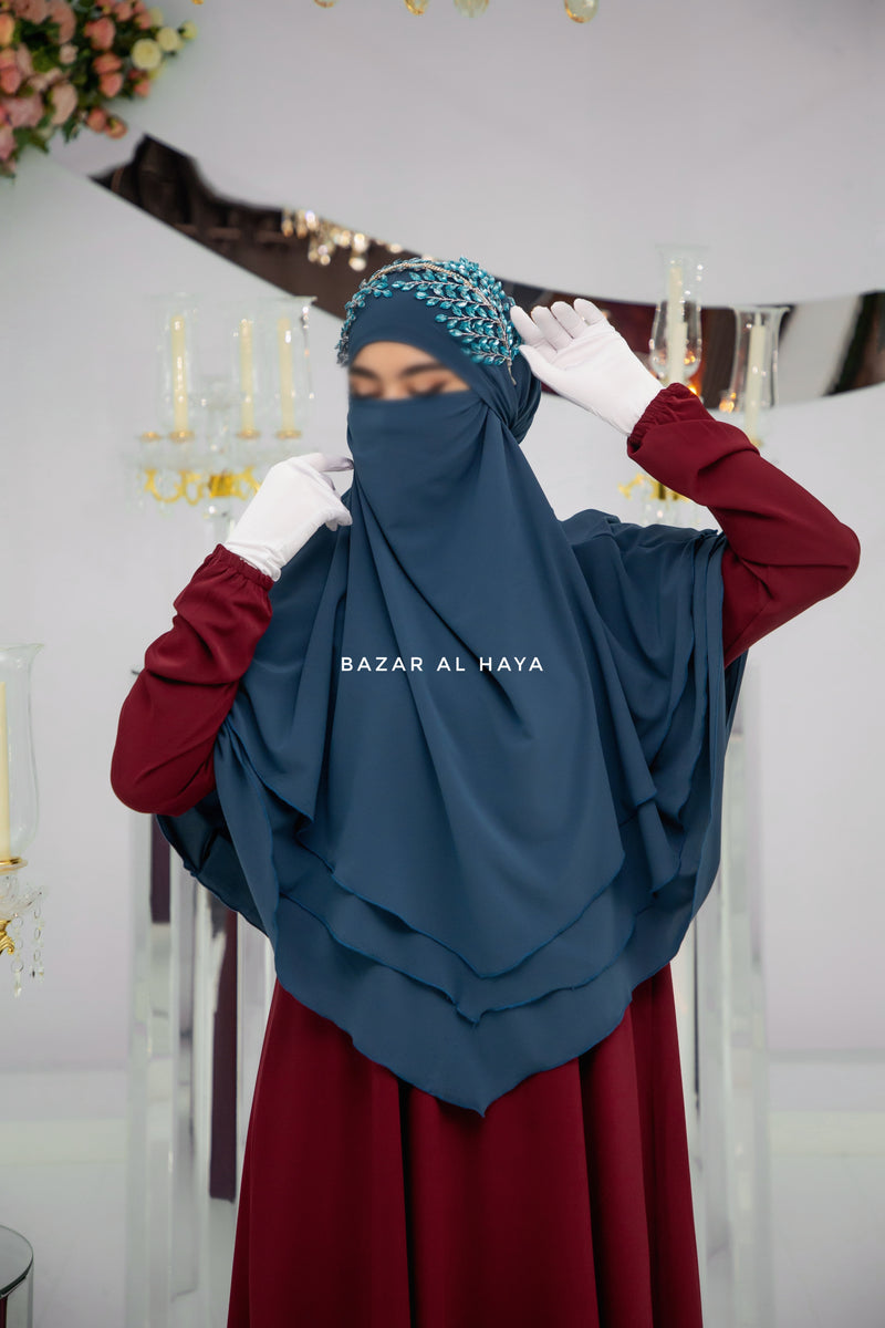 Spruce Blue Aiza Three Layered Diamond Khimar - Premium Stretch