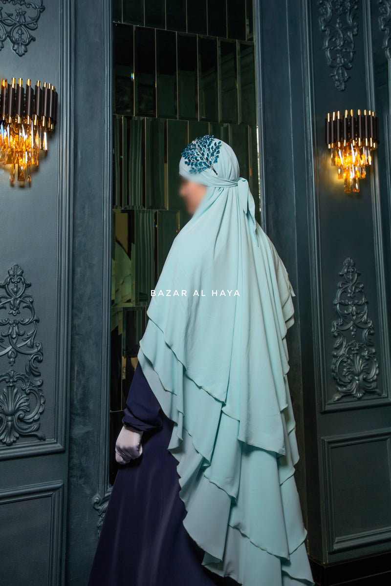 Baby Blue Aiza Three Layered Diamond Khimar - Premium Stretch