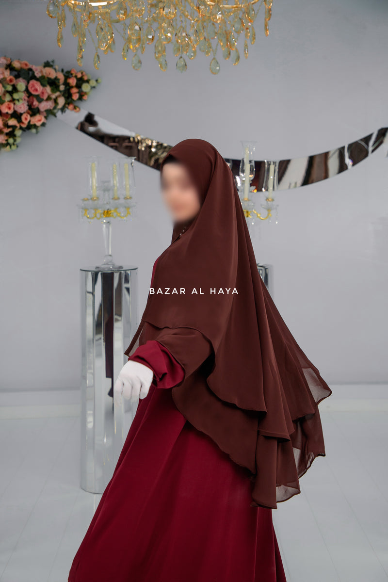 Brown Two Layered Snap Scarf, Khimar, Cape - Super Soft - 3 in 1