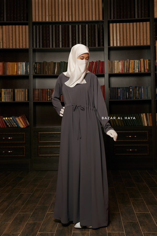 Salam 3 Steel Grey Belted Abaya Dress - Front Zipper & Zipper Sleeves - Nida