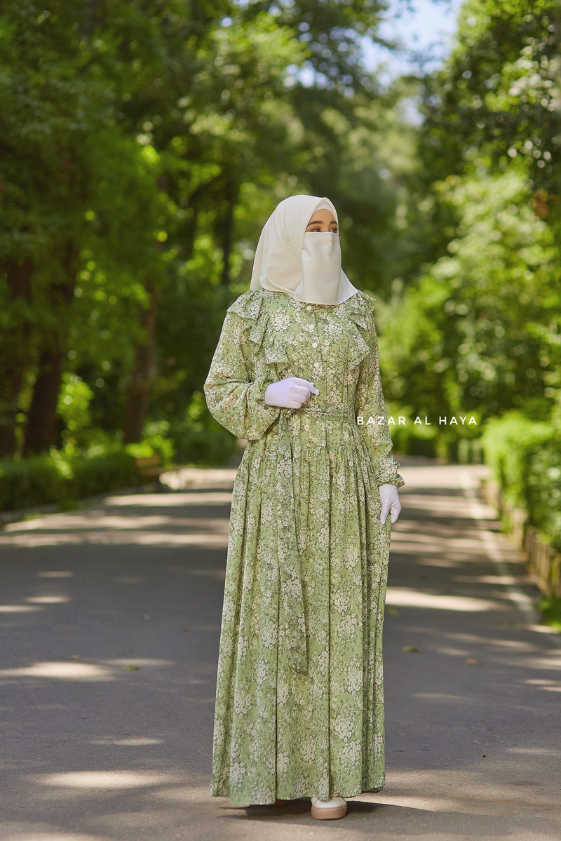 Surayya Kiwi Chiffon Abaya Dress With Floral Print - Ruffled Design