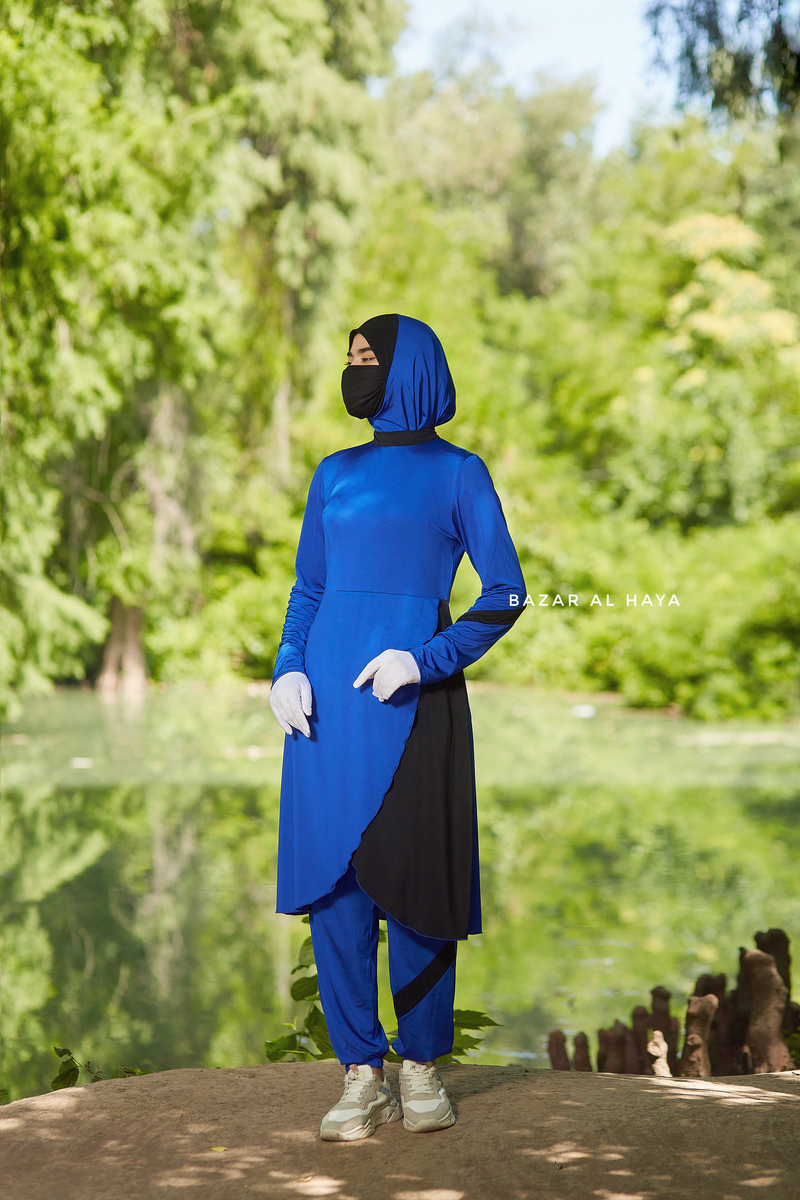 Royal Blue Modest Swimwear Three Piece Set With Swimdress, Khimar, & Pants - Enjoy The Comfort