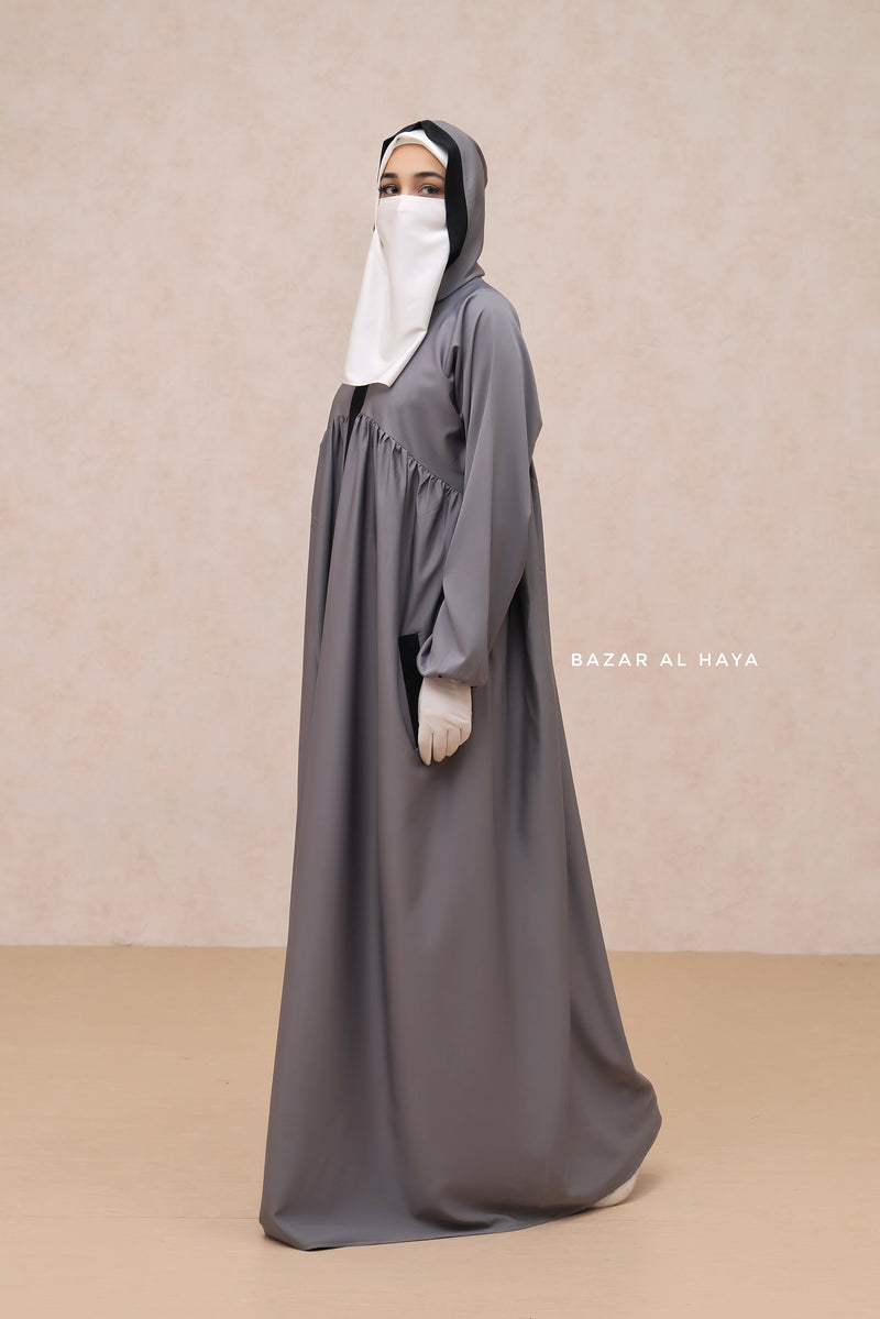grey abaya dress Jameela Light Grey Classic Open Abaya 3pcs Set (Inner, Belt & Hijab)