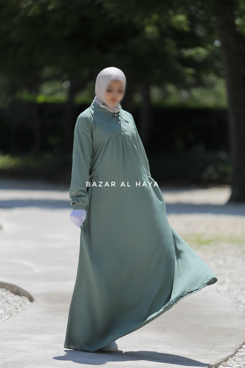 Layla Mint Abaya - 100% Cotton Summer Relaxed Fit Dress With Pockets