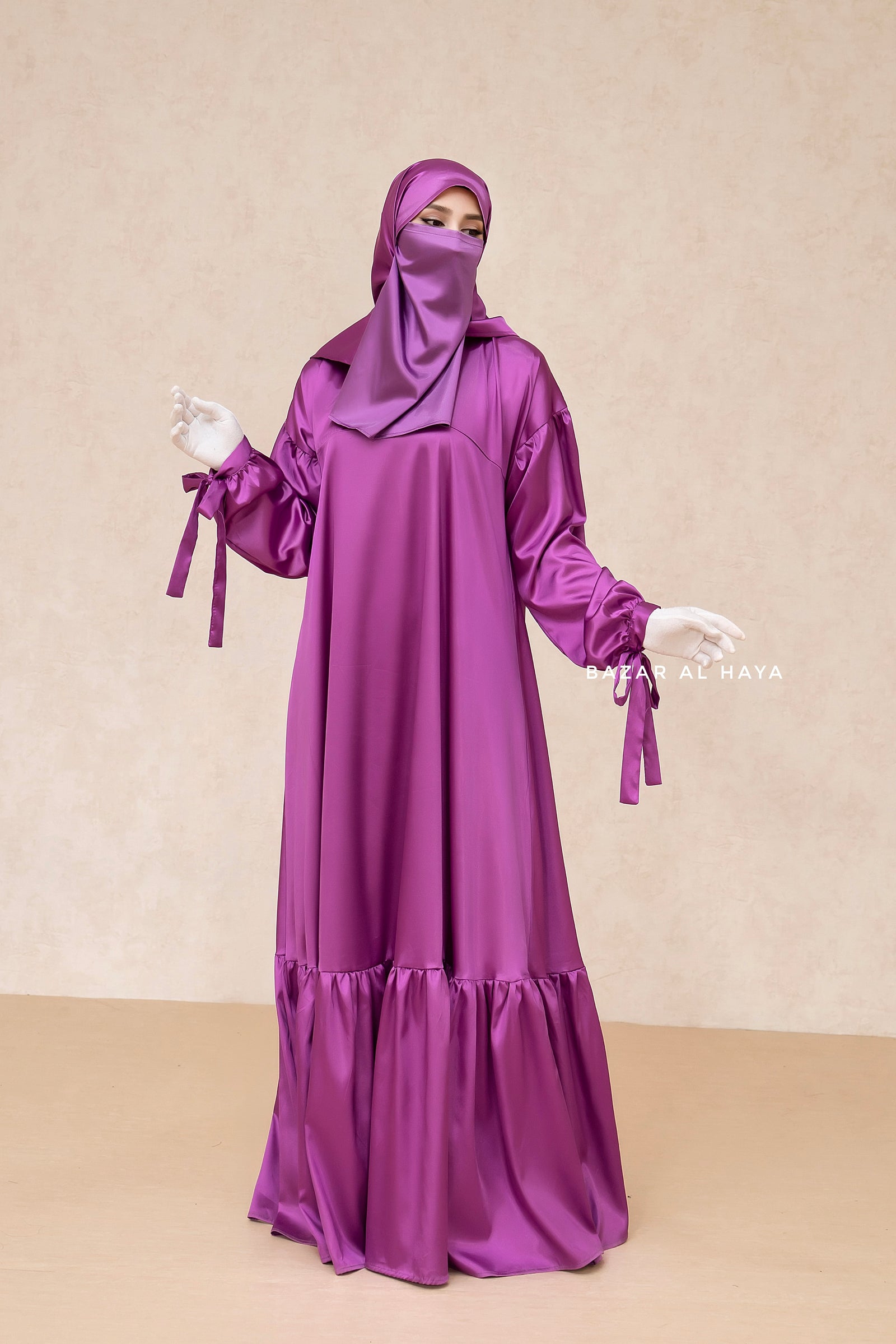 knee length dresses for ladies Purple Elegant Shaheen Satin Dress Scarf & Slip Dress Set