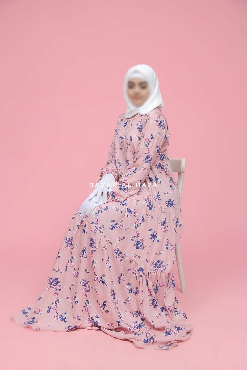 Sadia Pink Floral Abaya Dress 100% Cotton Summer Tiered Style With Front Zipper