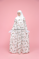Sadia White Floral Abaya Dress 100% Cotton Summer Tiered Style With Front Zipper