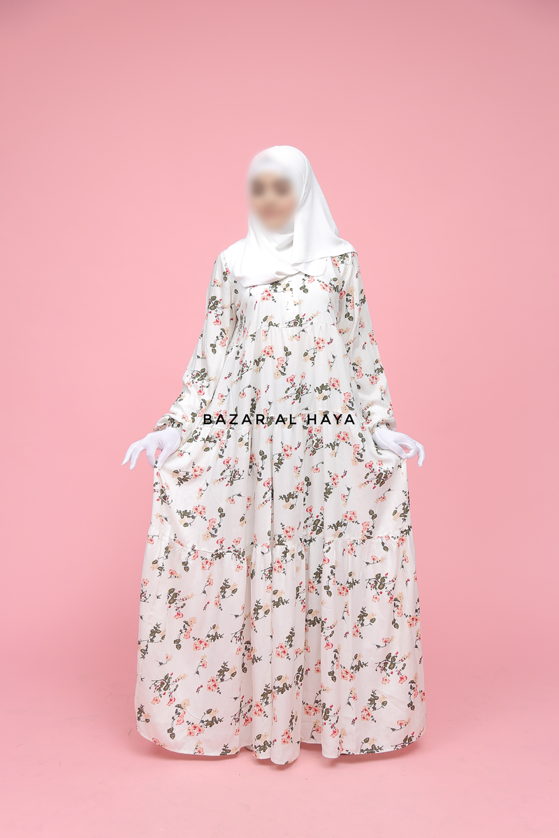 Sadia White Floral Abaya Dress 100% Cotton Summer Tiered Style With Front Zipper