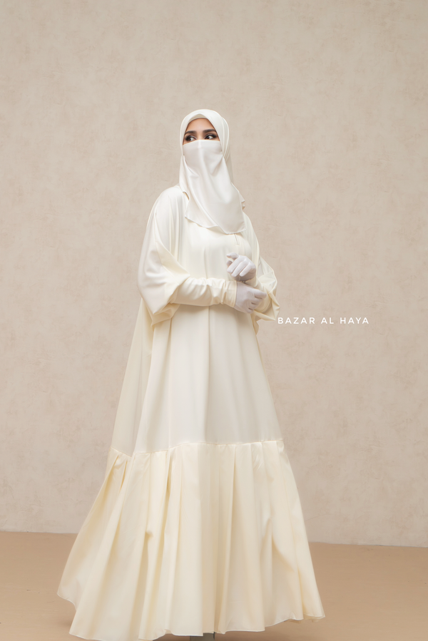 Badra Ivory Butterfly Abaya With Flair Bottom & Zipper Sleeves - Silk Crepe