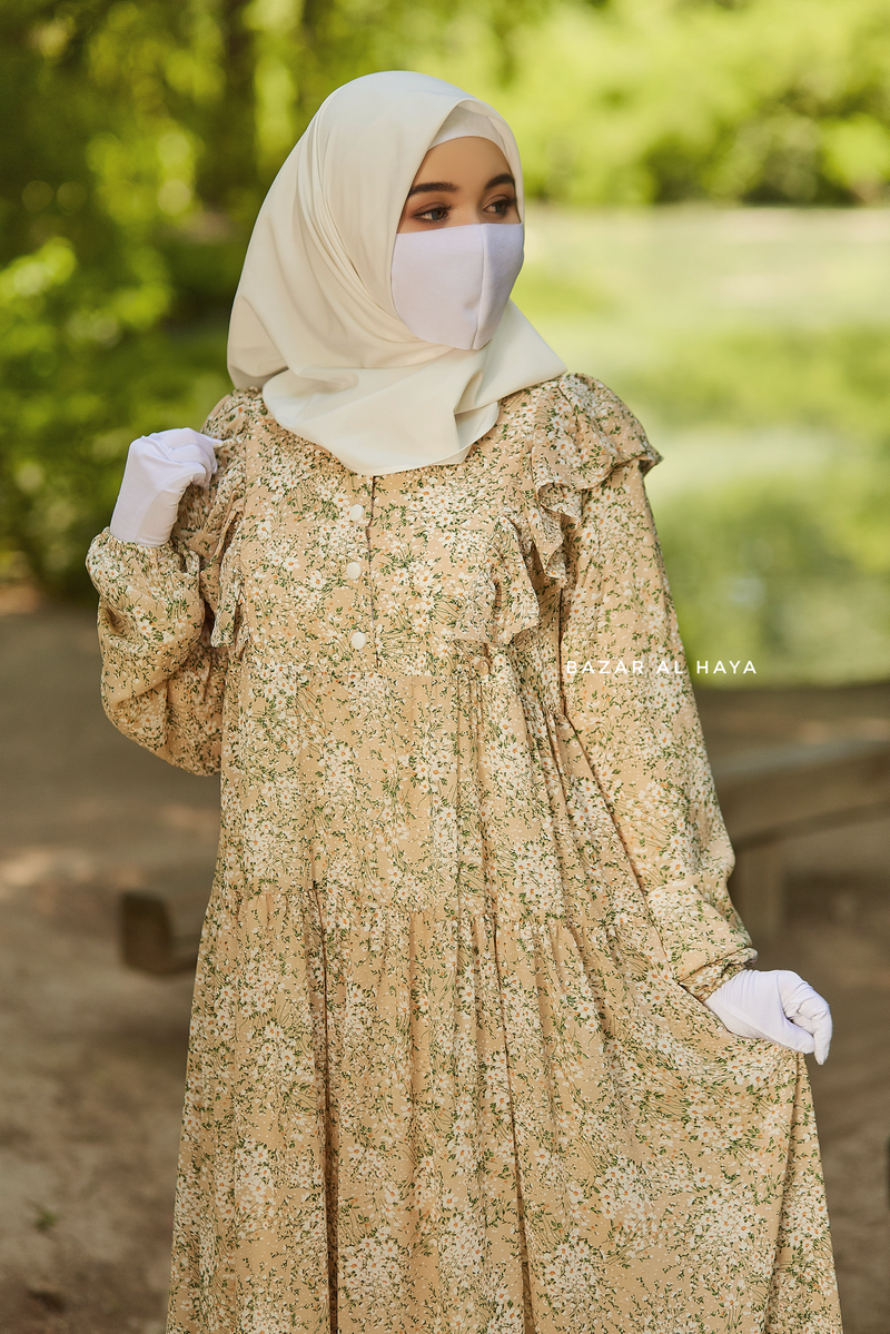 Surayya Almond Chiffon Abaya Dress With Floral Print - Ruffled Design