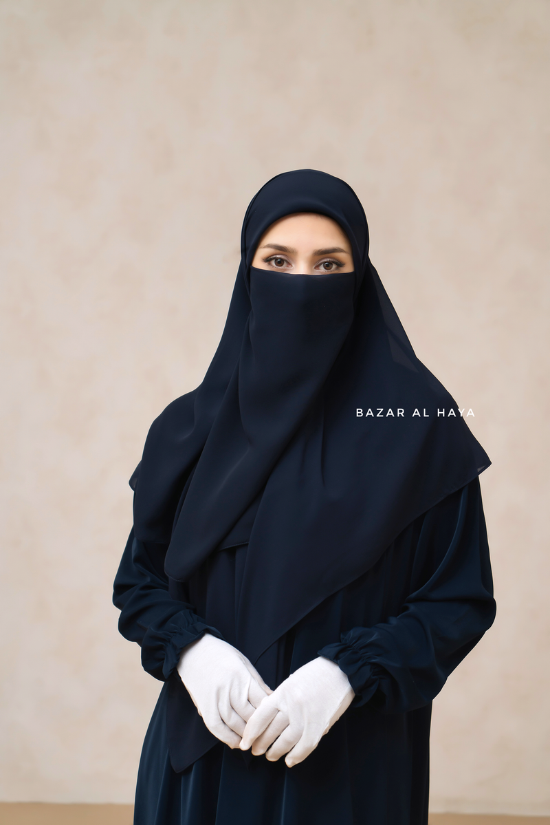 Dark Blue Square Scarf With Half Niqab Set - Super Breathable - Medium