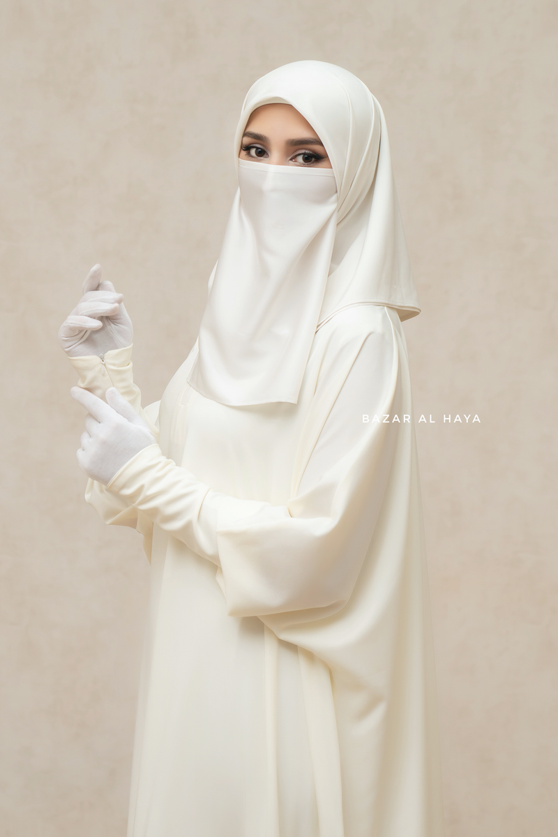 Badra Ivory Butterfly Abaya With Flair Bottom & Zipper Sleeves - Silk Crepe