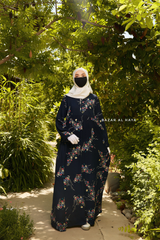 Sadia Dark Midnight Floral Dress In 100% Cotton Summer Tiered Style Abaya - Front Zipper