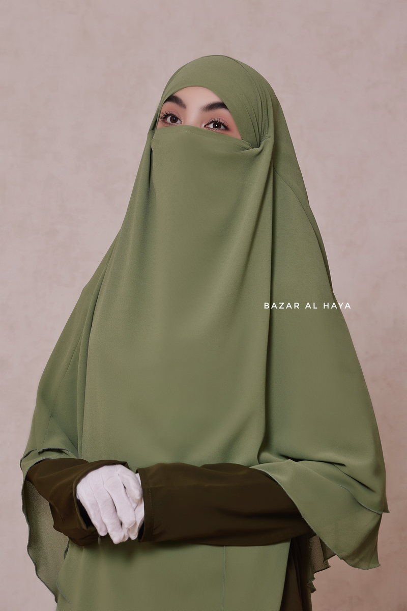 Light Olive Pari Two Layered Maxi Diamond Khimar - Crepe Chiffon