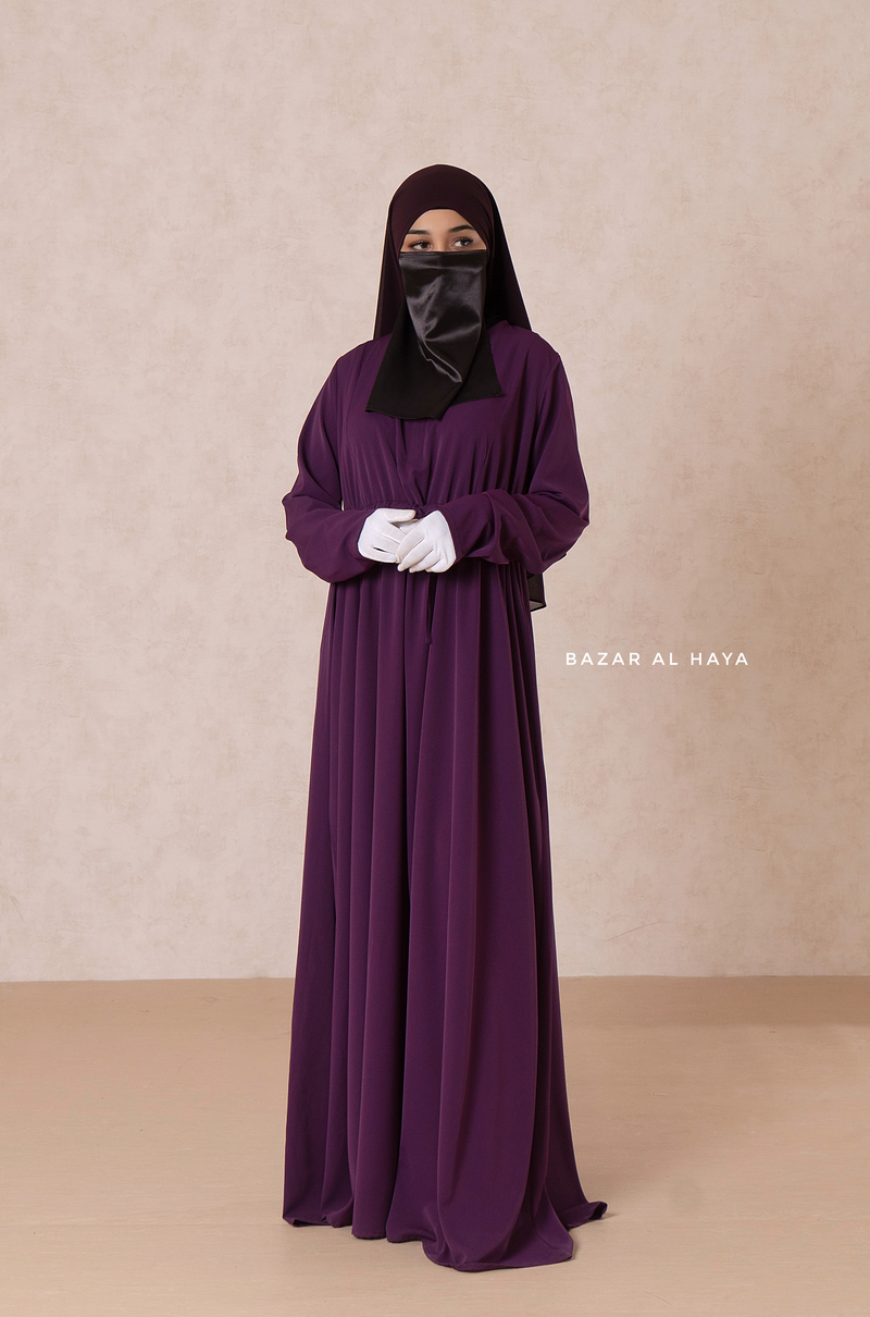 Purple Salam 3 Belted Abaya Dress - Front Zipper & Zipper Sleeves - Nida