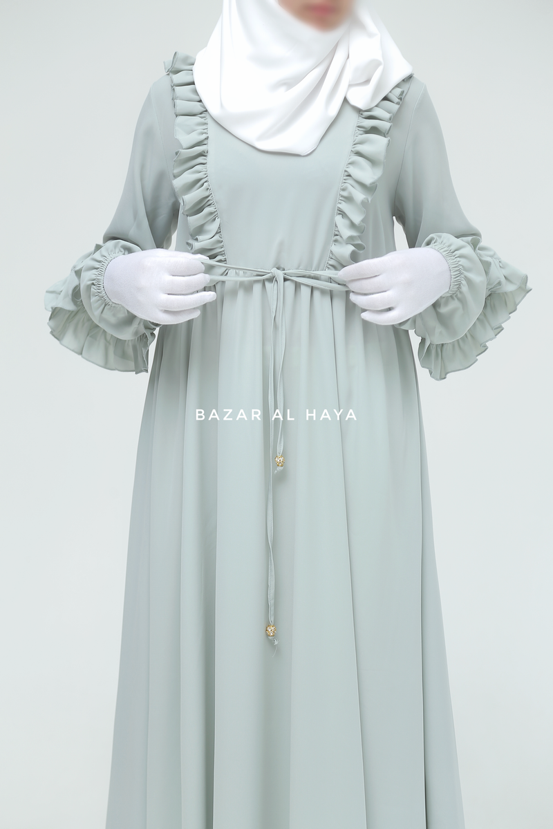 Afsah Mint Ruffle Lightweight Summer Spring Abaya Dress - Soft Breathable Crepe Cotton