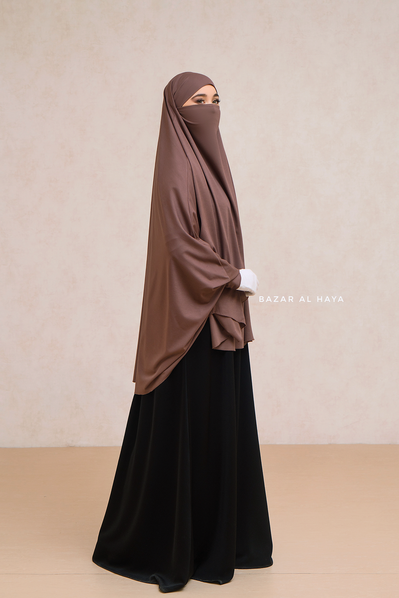 Coffee Cotton Abida Khimar With Sleeves - Soft Cotton