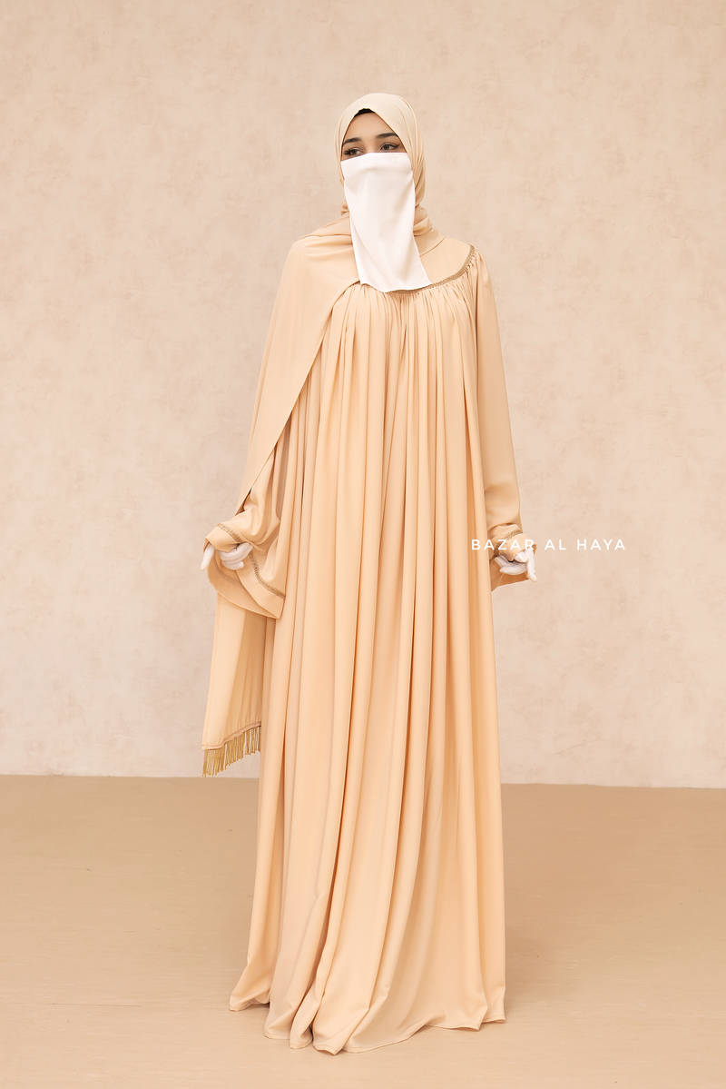 Haniya Beige Abaya Gown - Elegently Wide With Unique Decor - 3 Piece