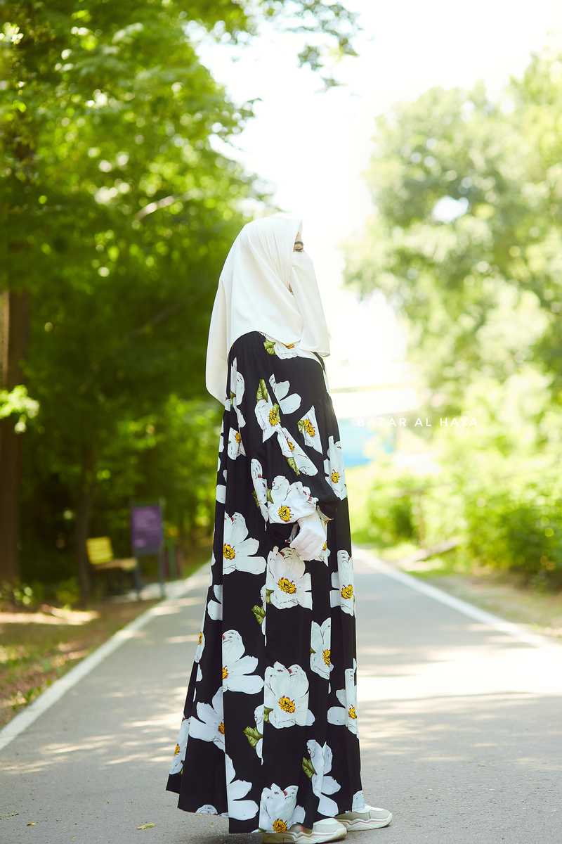 Black Muna Loose Fit Summer Abaya Dress - Viscose Cotton & Daisy Flower Print