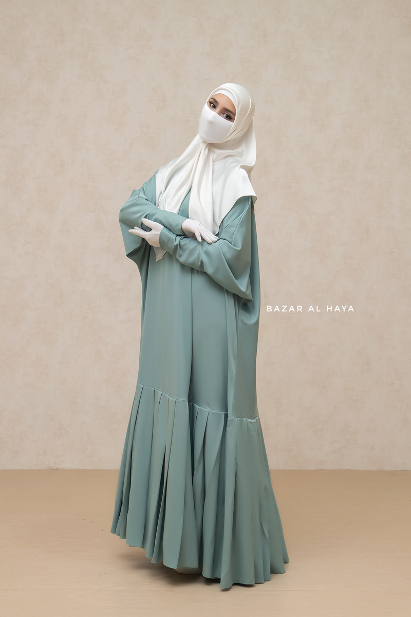 Badra Mint Butterfly Abaya With Flair Bottom & Zipper Sleeves - Silk Crepe