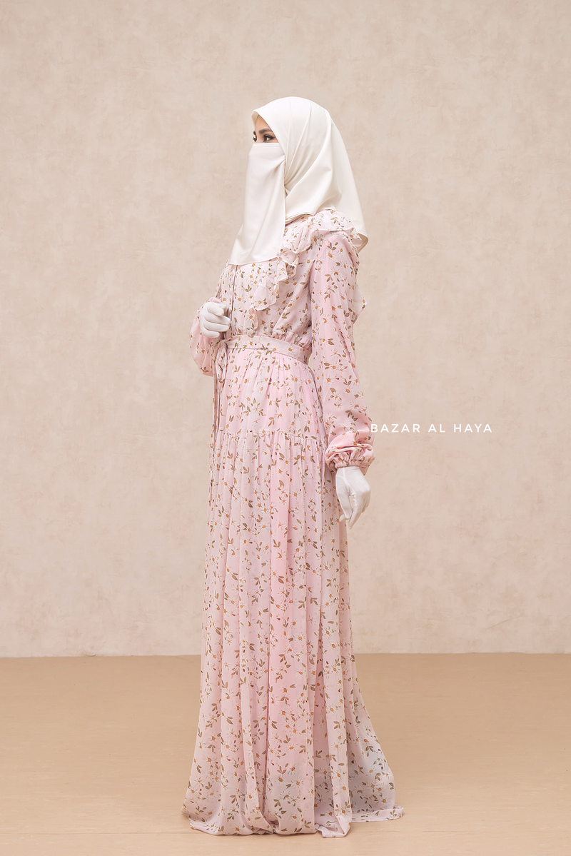 Surayya Pink Chiffon Abaya Dress With Floral Print - Ruffled Design