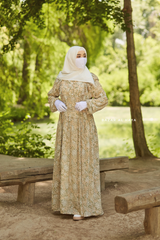 Surayya Almond Chiffon Abaya Dress With Floral Print - Ruffled Design