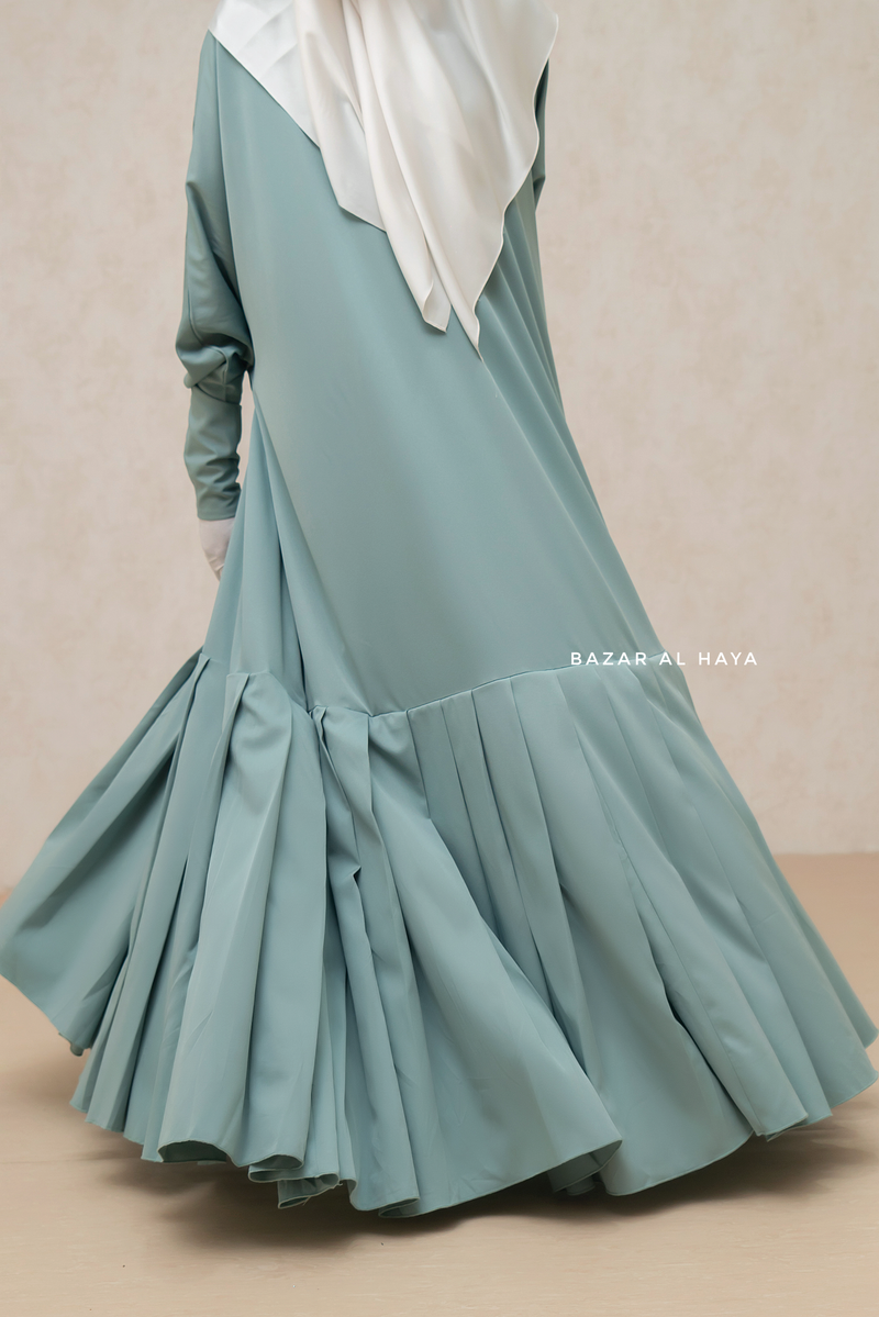 Badra Mint Butterfly Abaya With Flair Bottom & Zipper Sleeves - Silk Crepe