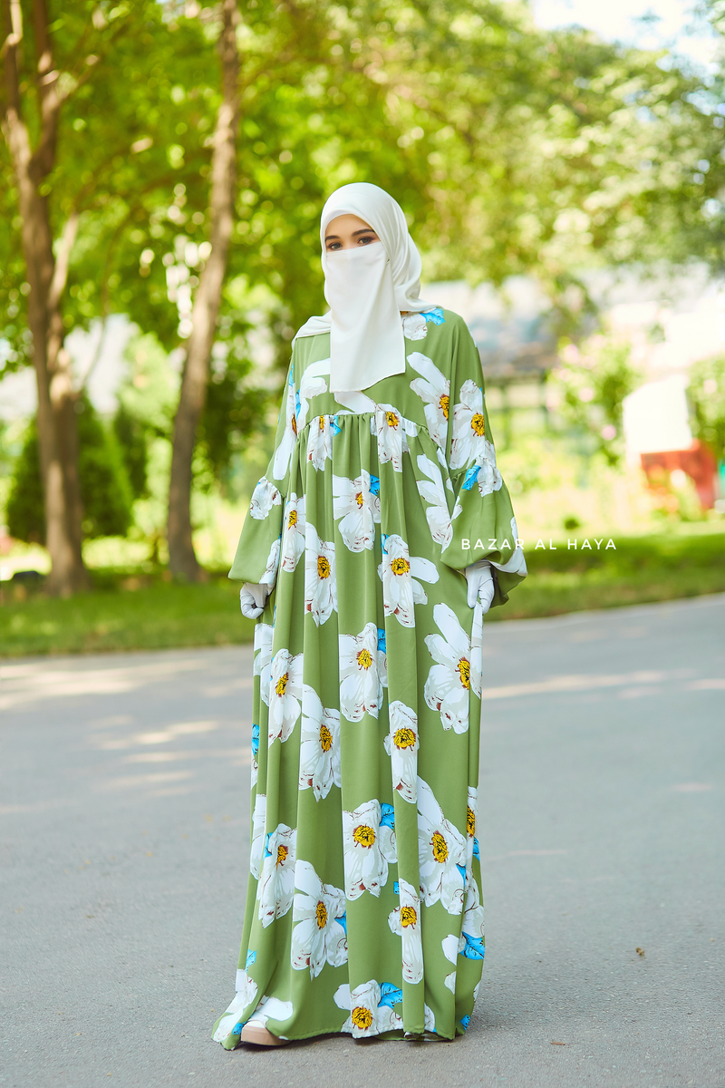 Kiwi Muna Loose Fit Summer Abaya Dress - Viscose Cotton & Daisy Flower Print