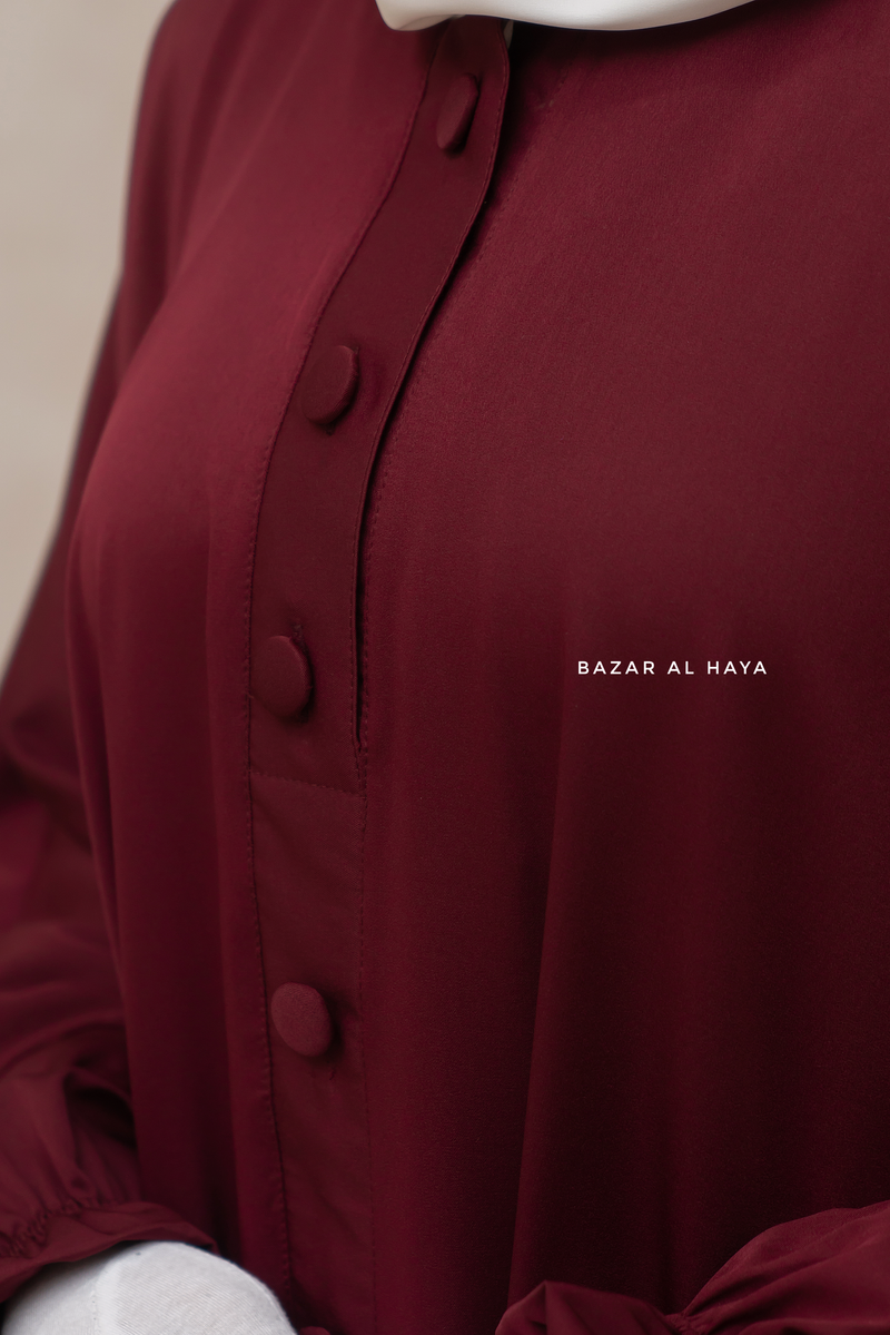 Burgundy Safa Loose - Fit Abaya With Button Front - Silk Crepe