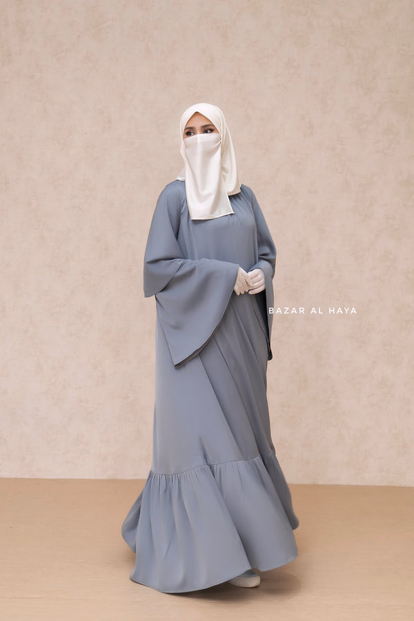 Bushra Dress - Steel Grey Layered Ruffle Sleeve Abaya - Premium Sultansha