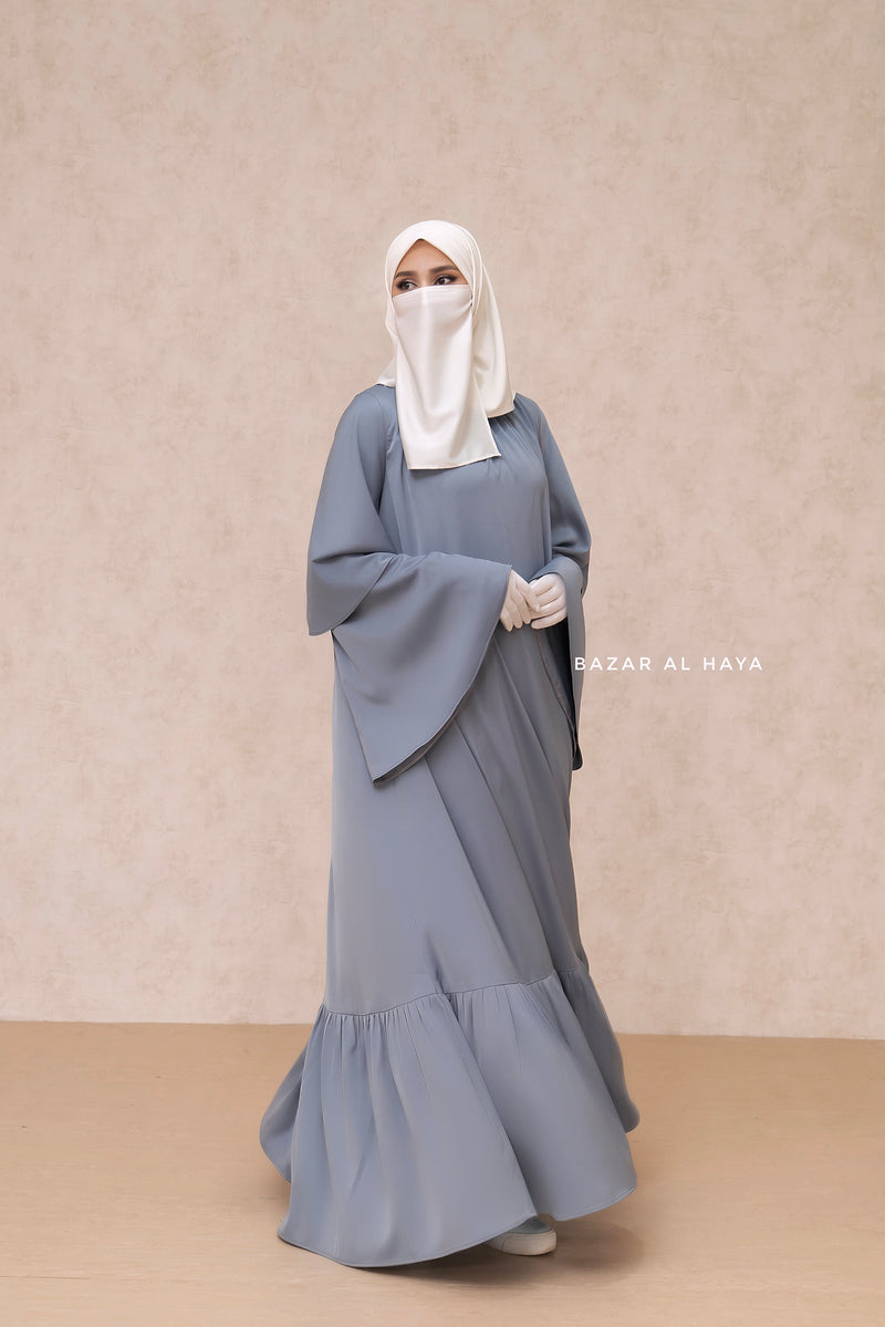 Bushra Dress - Steel Grey Layered Ruffle Sleeve Abaya - Premium Sultansha