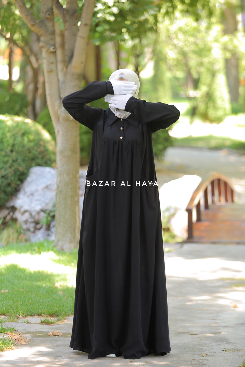 Layla Black Abaya Dress - 100% Cotton Summer Relaxed Fit Dress With Pockets M Layla Black Abaya Dress - 100% Cotton Summer Relaxed Fit Dress With Pockets M