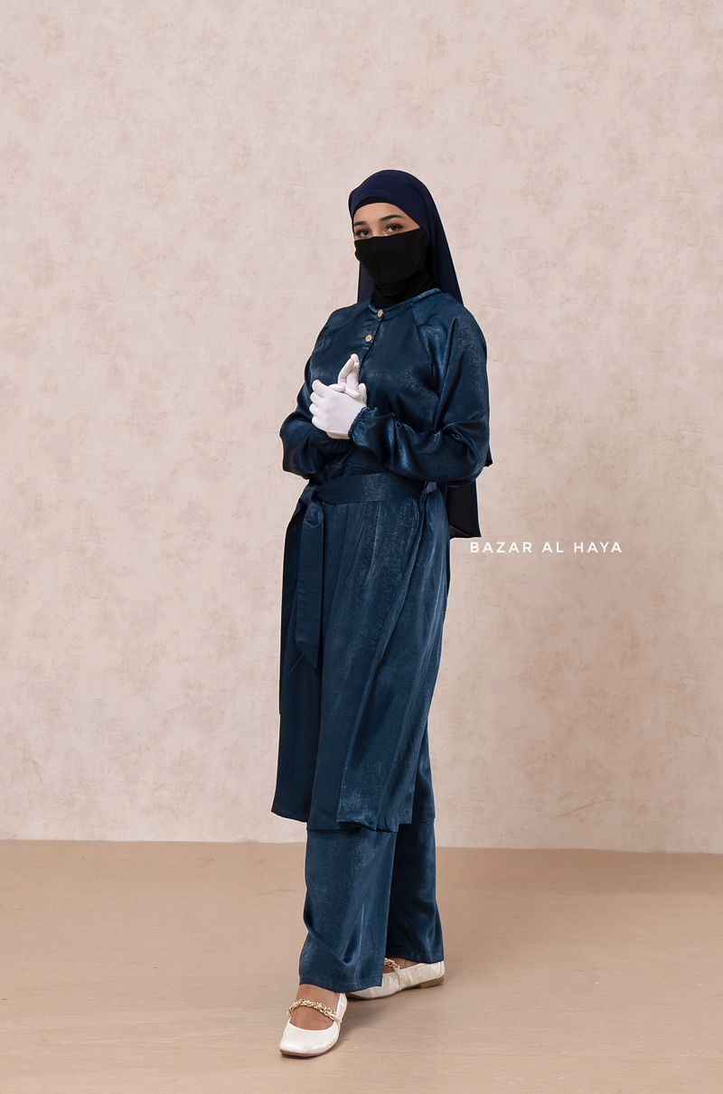 Inaya 2 Dark Blue Three Piece Top Dress & Pants Set With Belt- Loose Fit - Textured Satin