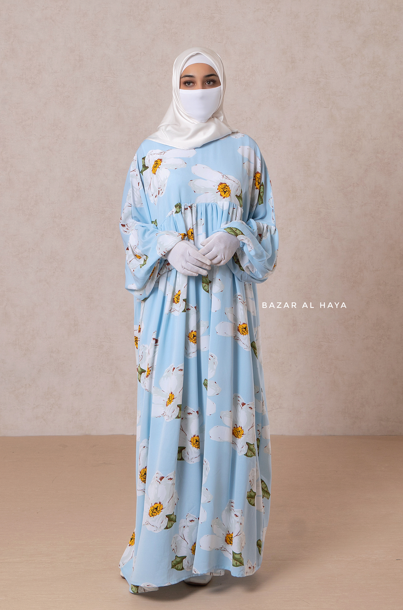 Muna Baby Blue Loose Fit Summer Abaya Dress - Viscose Cotton & Daisy Flower Print