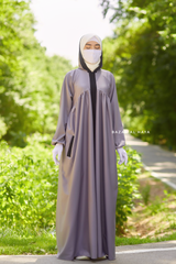 Kalina Grey Hooded Silk Crepe Abaya Dress With Pockets - Mediumweight