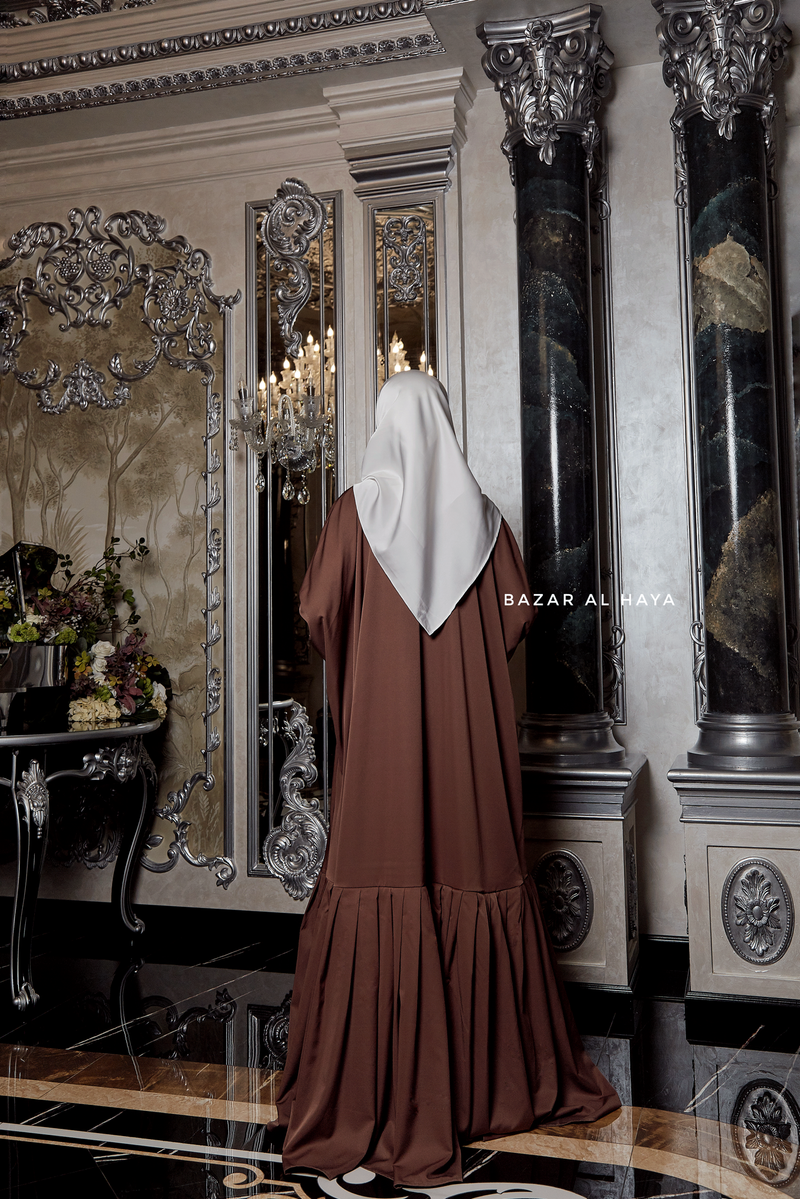 Badra Chocolate Butterfly Abaya With Flair Bottom & Zipper Sleeves - Silk Crepe