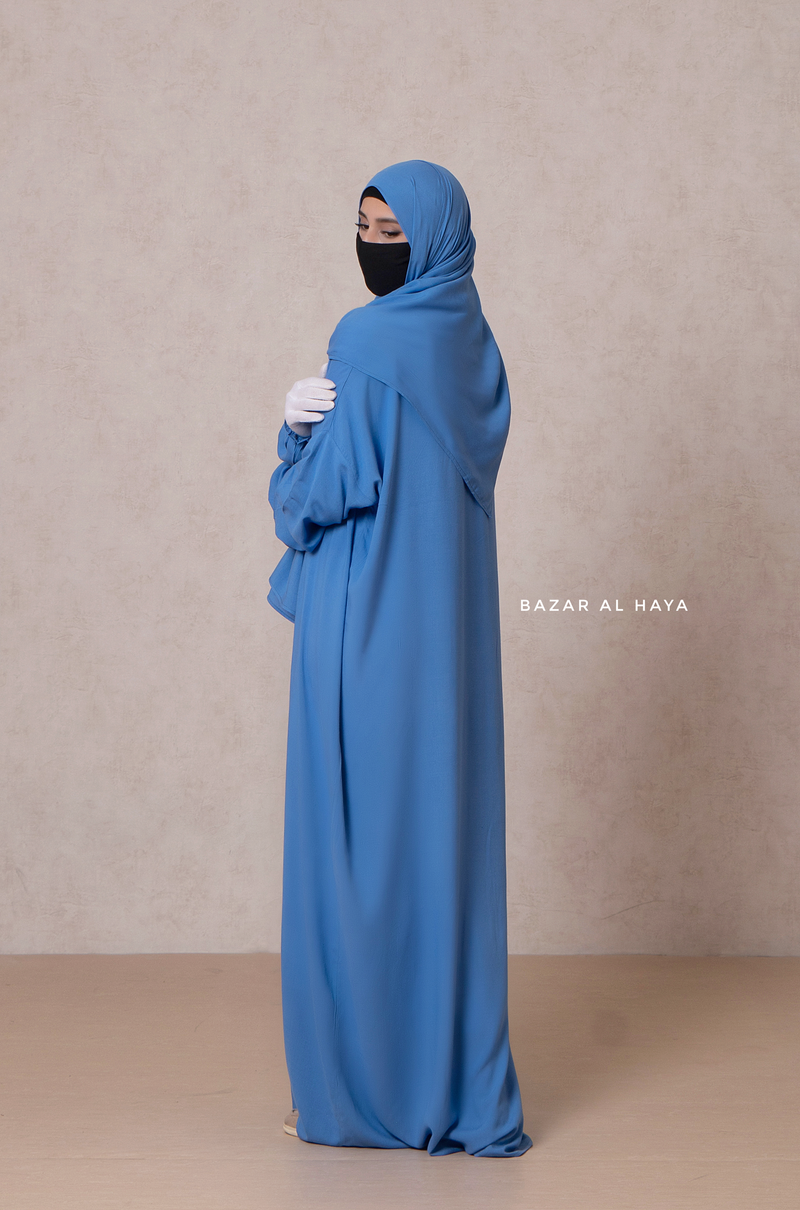 Prayer / Salah Dress One Piece Jilbab Blue 100% Cotton - Super Breathable Comfy Style