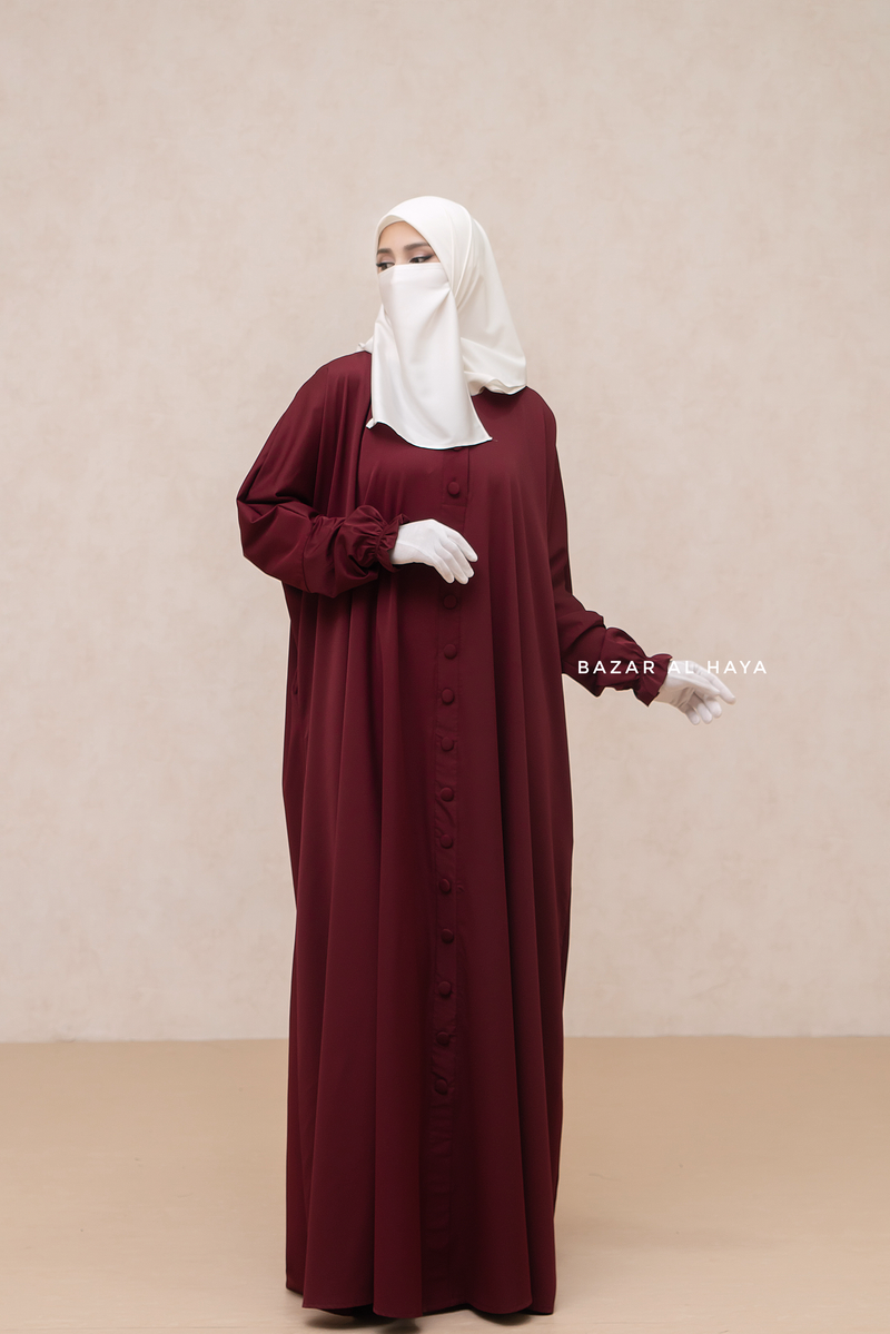 Burgundy Safa Loose - Fit Abaya With Button Front - Silk Crepe