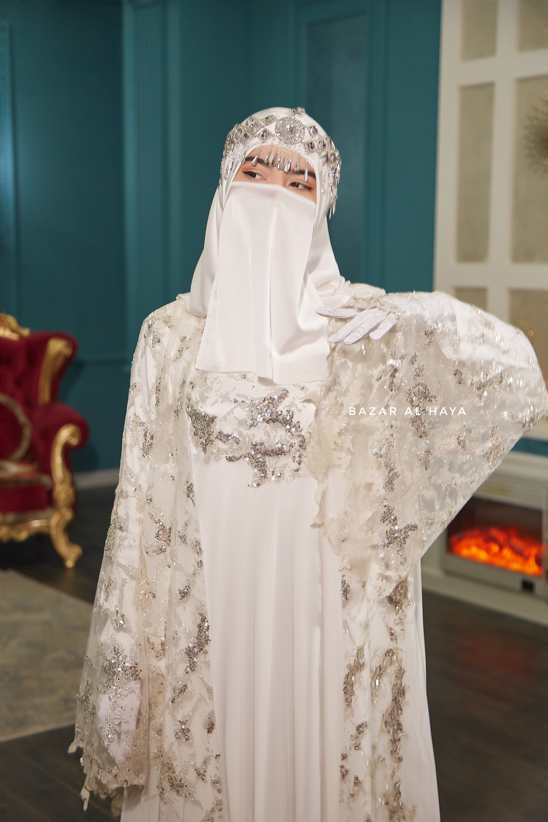 Bridal Gown Zahra Silk & Chiffon Abaya & Lace Cloak Set For Walima & W –  Bazar Al Haya